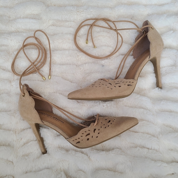 Christian Siriano Shoes - Christian Siriano size 6.5 Tan Faux Suede Pointed Toe Lace Up High Heel Pumps